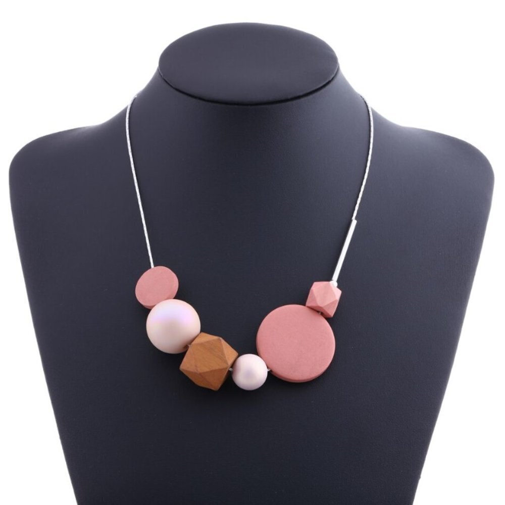 Statement bead beaded art necklace wood wooden jewelry fashion pink brown new